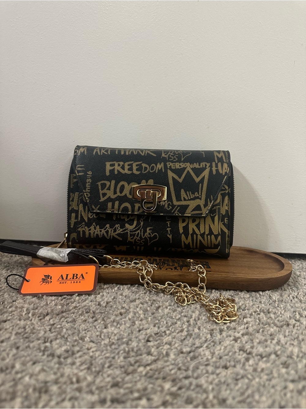 Alba Black Bag with Gold Graffiti and Chain Strap